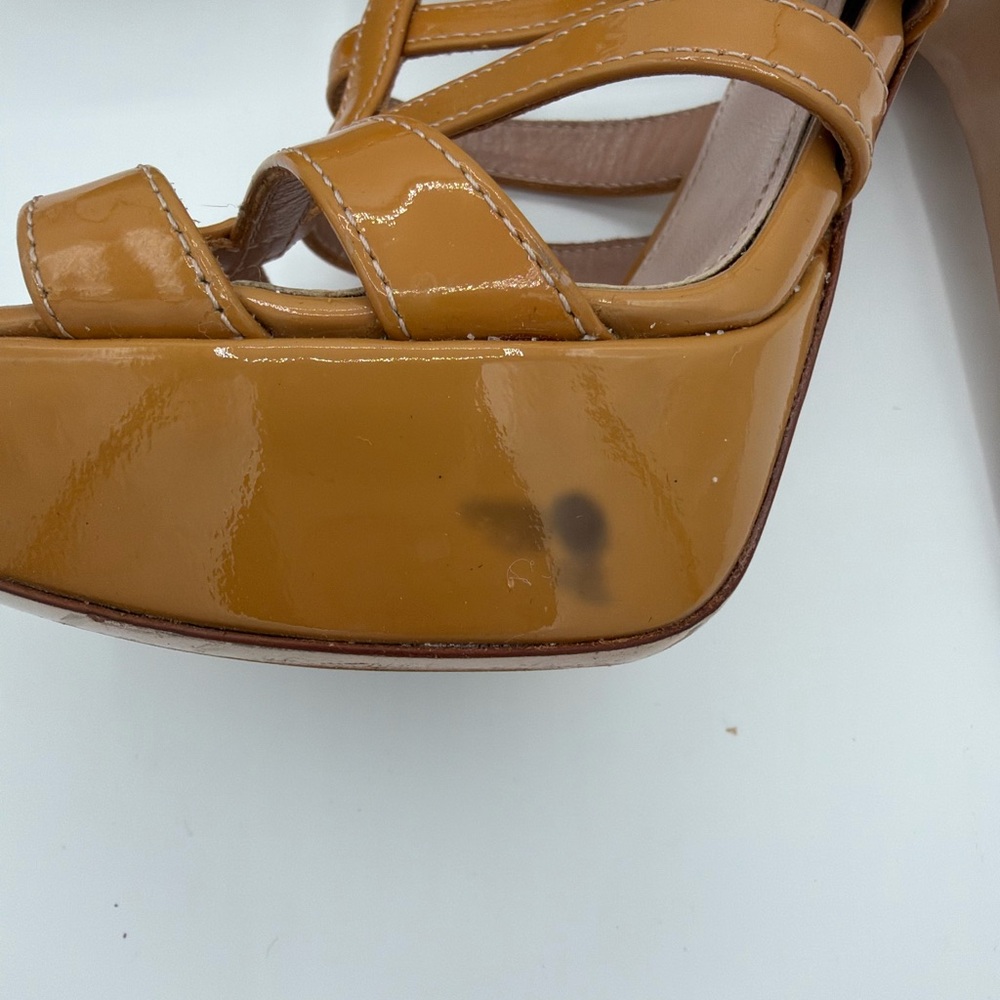 Miu Miu Patent Leather Strappy Heels Camel Tan Sandals EU 36.5 - Picture 4 of 5